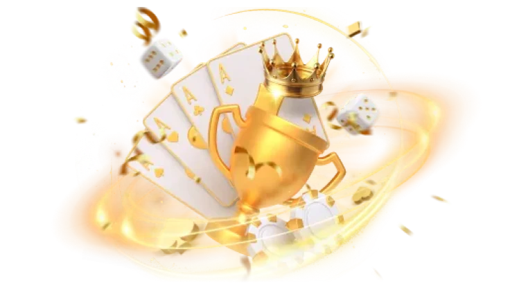 Golden Crown casino illustration with golden trophy, playing cards, and chips