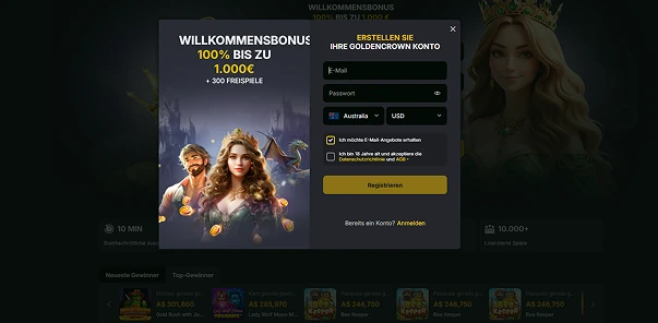 Golden Crown casino website interface showing welcome bonus and games