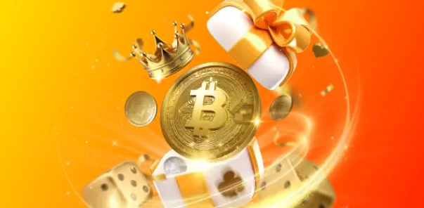Golden Crown crypto casino illustration with Bitcoin coin, gold crown, and dice